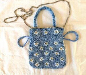 Viral 2022 Zara Hand Beaded Blue Daisy Bucket Bag Floral Drawstring Purse